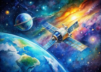 A breathtaking watercolor depiction of a satellite orbiting Earth at night showcasing the beauty of space exploration