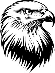 Fototapeta premium Powerful black and white vector illustration of a bald eagle's head in profile, showcasing its sharp gaze and detailed feathers. Represents freedom, strength, and American symbolism.