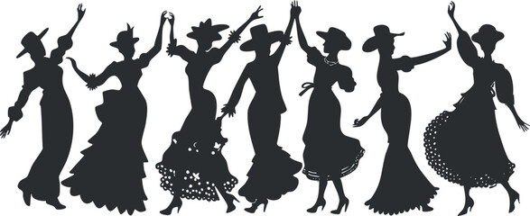 Silhouettes of women dancing flamenco in traditional Spanish costumes and hats, showcasing elegance.