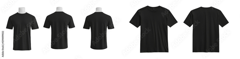 Poster minimalist mockup showcasing black t-shirts from various angles on isolated background for versatile