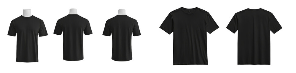 Minimalist mockup showcasing black t-shirts from various angles on isolated background for versatile design applications