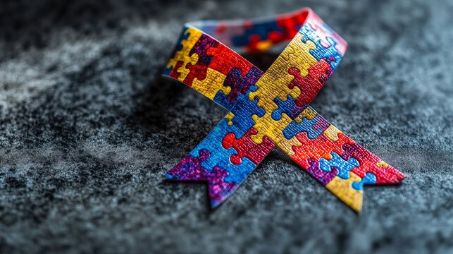 Colorful autism awareness ribbon with puzzle pieces highlighting support and understanding for National Autism Awareness Month
