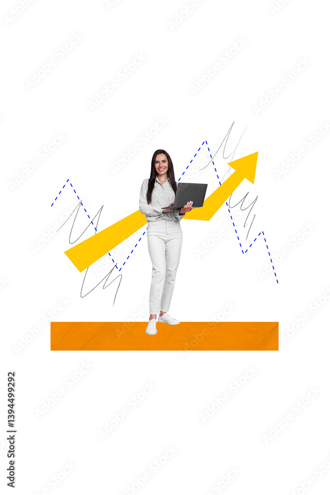 Poster collage 3d sketch poster of happy professional worker lady analyzing bitcoin growth statistics isola