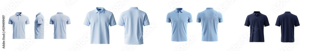 Poster isolated minimalist mockups featuring various styles of lightweight polo shirts in a gradient of blu