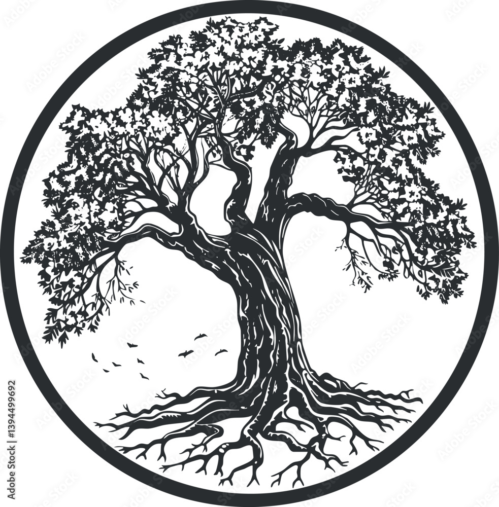 Poster silhouette of a tree with roots and branches inside a circular frame, black and white design.