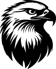 Powerful black and white vector illustration of a bald eagle's head in profile, showcasing its sharp gaze and detailed feathers. Represents freedom, strength, and American symbolism.