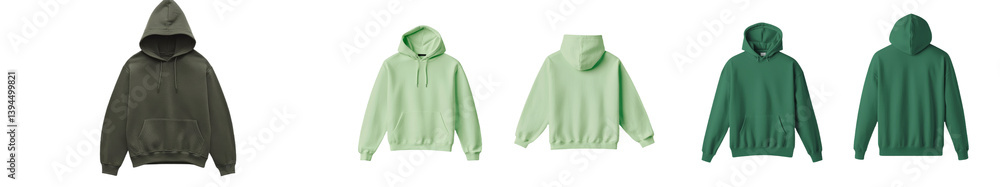 Poster minimalist mockups of hoodies in various shades of green displayed against a simple background for d