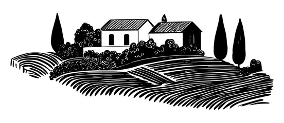 Rural landscape. Houses, trees, hills and fields. 