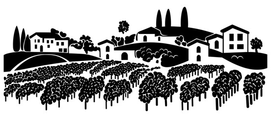 Obraz premium Rural landscape. Houses, trees, hills and vineyards. 