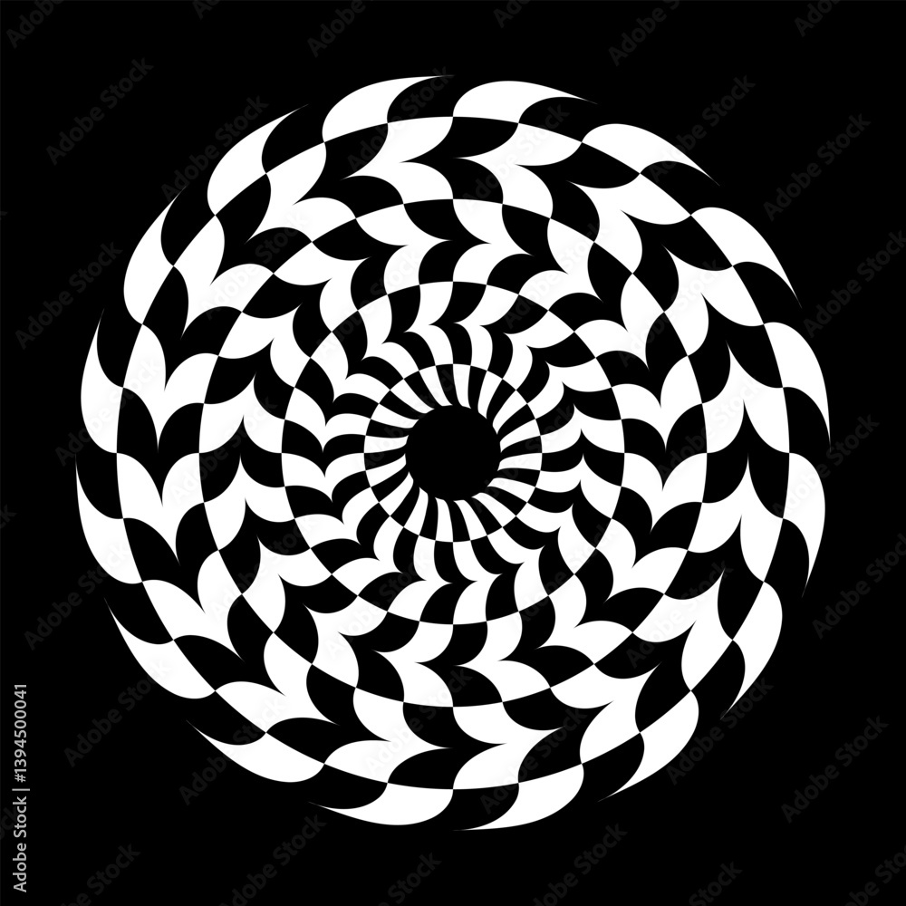Wall mural abstract circle rotation white design element on black background. illusion of twirl movement.