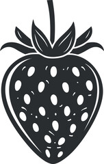 Obraz premium Black and white silhouette of a strawberry with leaves and stem, in a simple vector style.