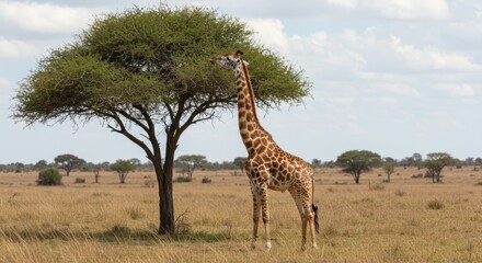 Fototapeta premium Giraffe Eating Leaves Beside Acacia Tree