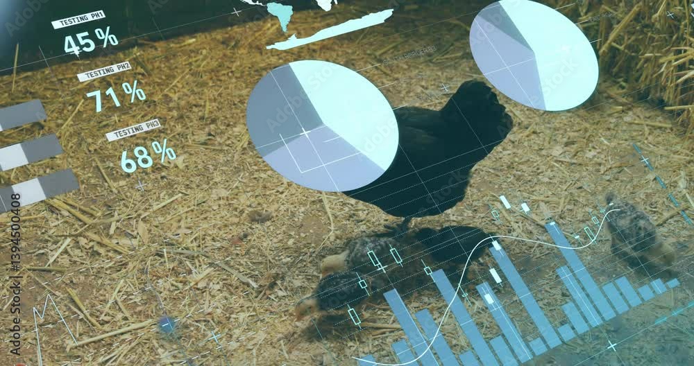 Poster data visualization overlay animation on chicken walking on straw in barnyard