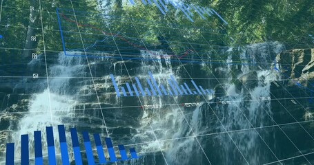 Overlaying graphs and charts, animation blending with waterfall in nature scene - Powered by Adobe