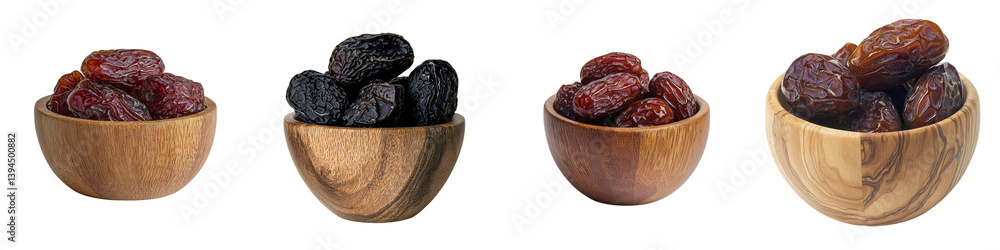 Poster minimalist mockups showcasing various types of dried dates in wooden bowls for creative presentation