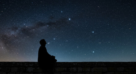 Stargazer's Serenity - Silhouetted figure sits on a wall, gazing at a breathtaking night sky filled with stars and the Milky Way. A tranquil scene of contemplation under the cosmos