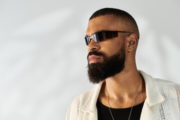 Stylish young man showcasing modern fashion in a minimalist setting with confident gaze