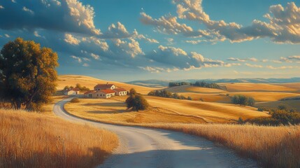 Fototapeta premium A picturesque rural landscape featuring golden fields, a winding dirt road, and a charming farmhouse under a dramatic sky filled with fluffy clouds.