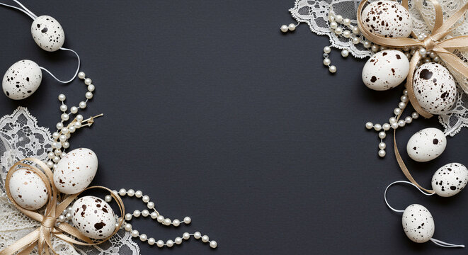 Easter decoration made of ribbons, rhinestones, beads, Elegant Easter eggs with lace and pearls on a dark background with copy space