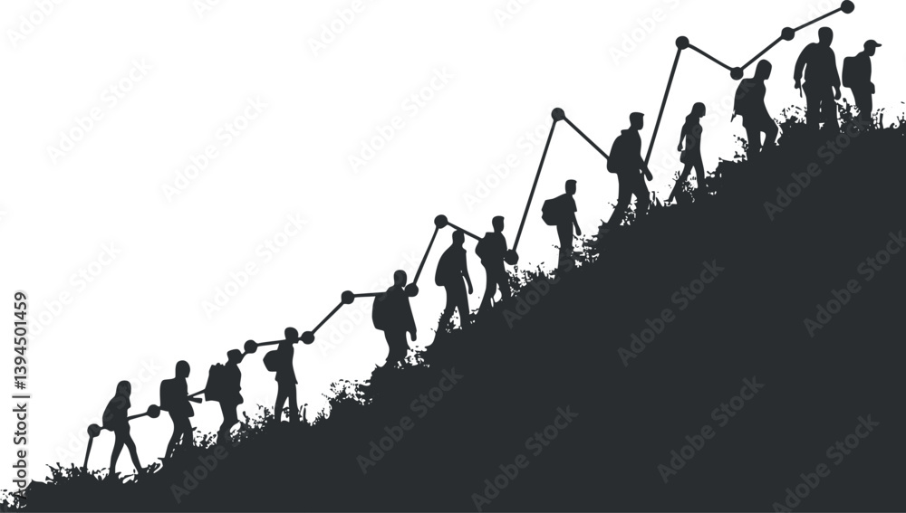 Poster silhouette of hikers climbing a mountain with a graph overlay, symbolizing progress and teamwork.