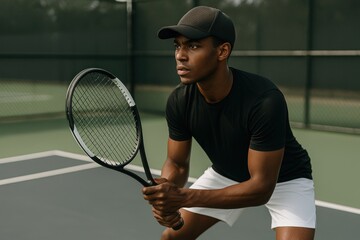 Focused tennis player on court.