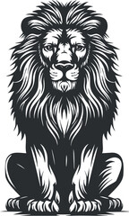 Obraz premium Black and white illustration of a majestic lion sitting regally with a prominent mane.