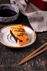 Baked sushi roll cake with crab surimi sticks