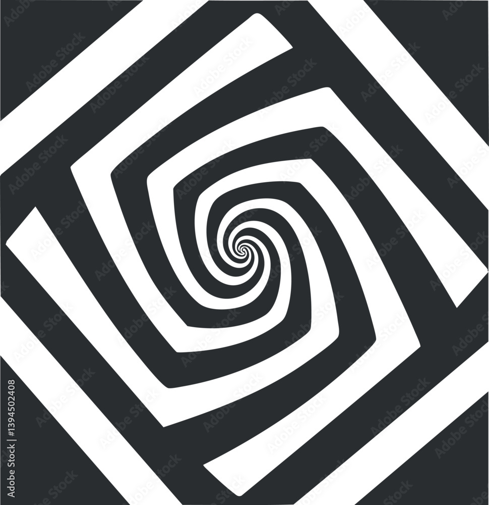 Poster black and white optical illusion with a spiral pattern creating a hypnotic visual effect.