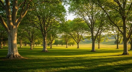 Obraz premium Sycamore Trees Landscape USA - Serene landscape of sycamore trees in a USA park. Symbolizes peace, nature, tranquility, growth, and beauty