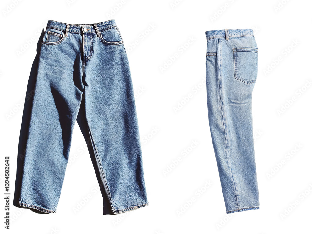 Poster Isolated minimalist mockups of denim jeans showcasing front and side views against a simple background