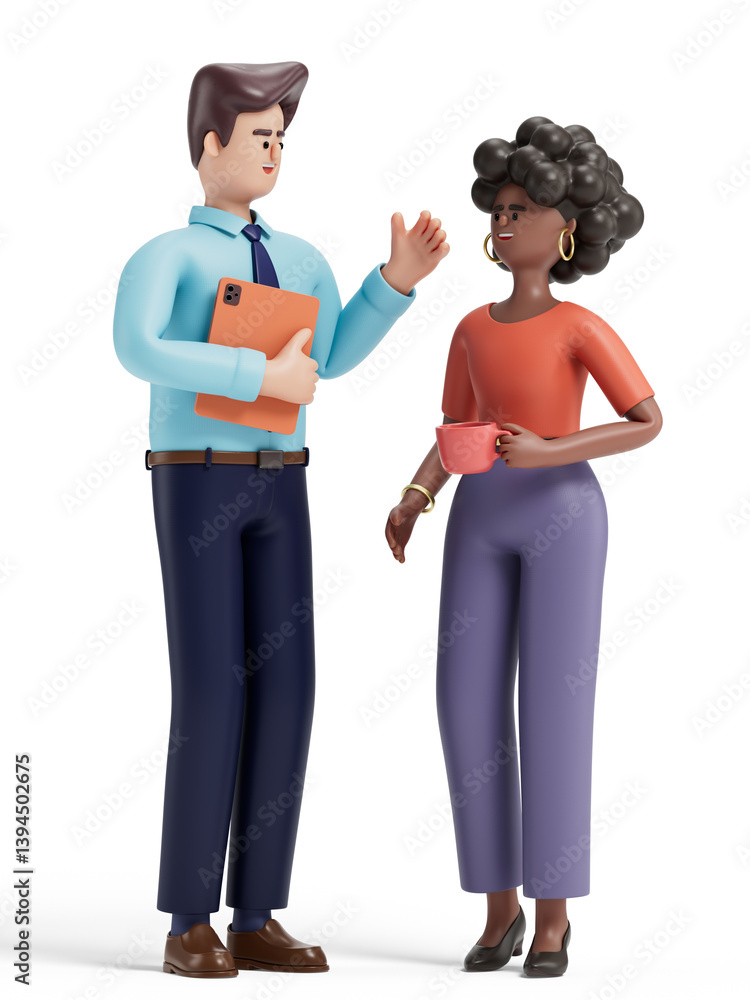Poster two 3d people converse, symbolizing professional networking and collaboration. 3d rendering, concept