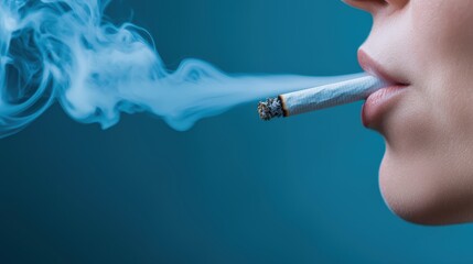 Fototapeta premium A close-up of a person's mouth exhaling smoke from a cigarette against a soft blue background, highlighting the contrast between the smoke and the skin tone.