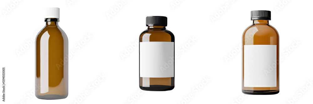 Poster minimalist mockups of three distinct glass bottles with blank labels arranged in isolation, suitable
