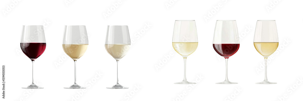 Poster minimalist mockups featuring an array of wine glasses with red and white wine in a clean, isolated s
