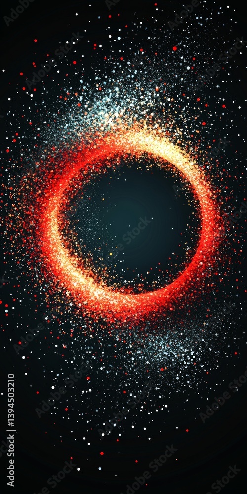 Poster abstract background with glowing red circle of light and grey spark particles on black background