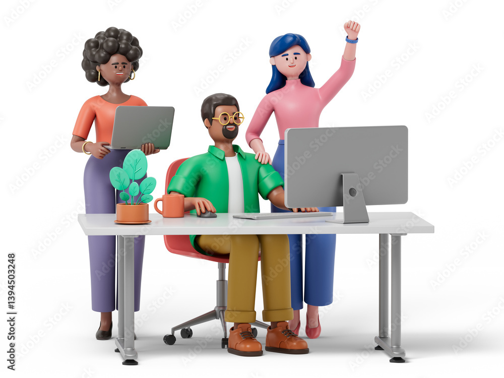 Poster 3d people collaborate with technology, symbolizing modern teamwork. 3d rendering, conceptual image. 