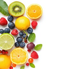 Colorful fruit arrangement kitchen table food photography bright atmosphere top-down view healthy lifestyle