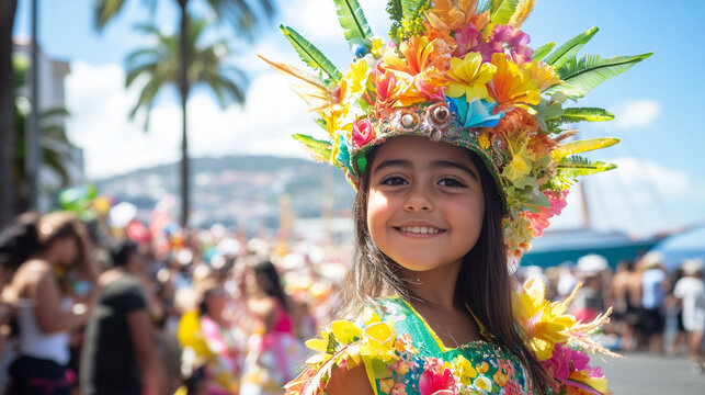 Children parade at the Madeira Carnaval Festival, their faces full of smiles with unique costumes themed on the sea and tropical flowers, Ai generated images