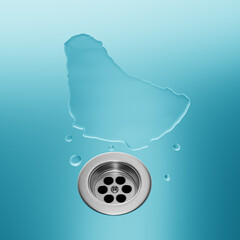 Barbados Water Map With Drainage Metal Sink Save Water And Water Wastage Concept 3D Illustration