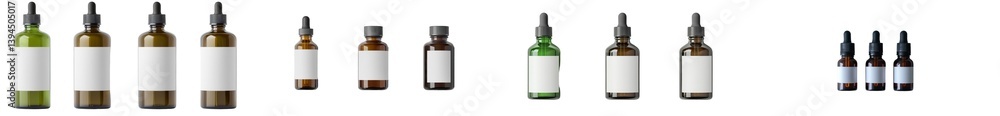 Poster Minimalist isolated mockups of various glass dropper bottles in different sizes and colors for product presentation