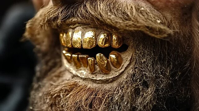 Close-up of a golden-toothed skull with a textured beard, set against a dark background, showcasing intricate details