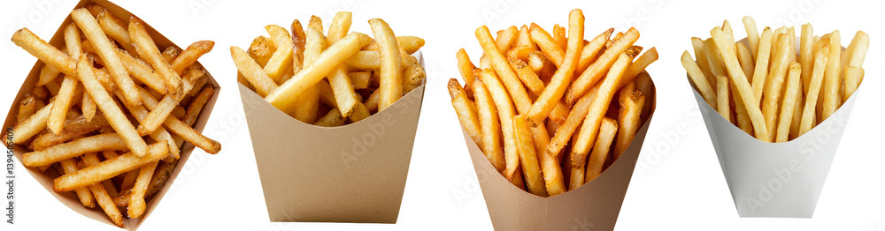 Aufkleber various minimalist mockups of crispy french fries in different containers laid out on a clean backgr