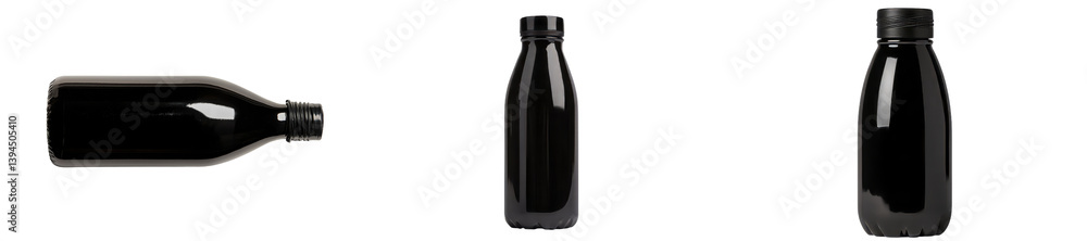Poster minimalist mockups of black bottle designs in various angles on isolated backgrounds showcasing slee