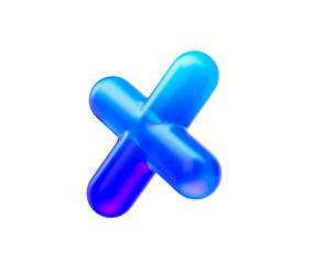 3d Multiplication symbol with a glossy neon blue gradient and reflective surface. 3d illustration