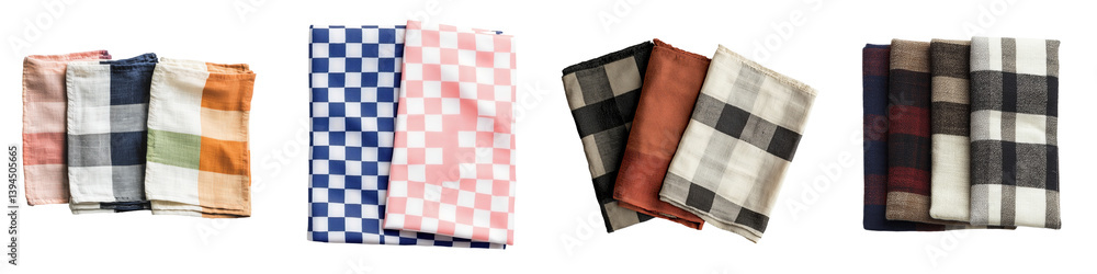 Poster isolated minimalist mockups of various fabric napkins in vibrant colors and patterns displayed on a 