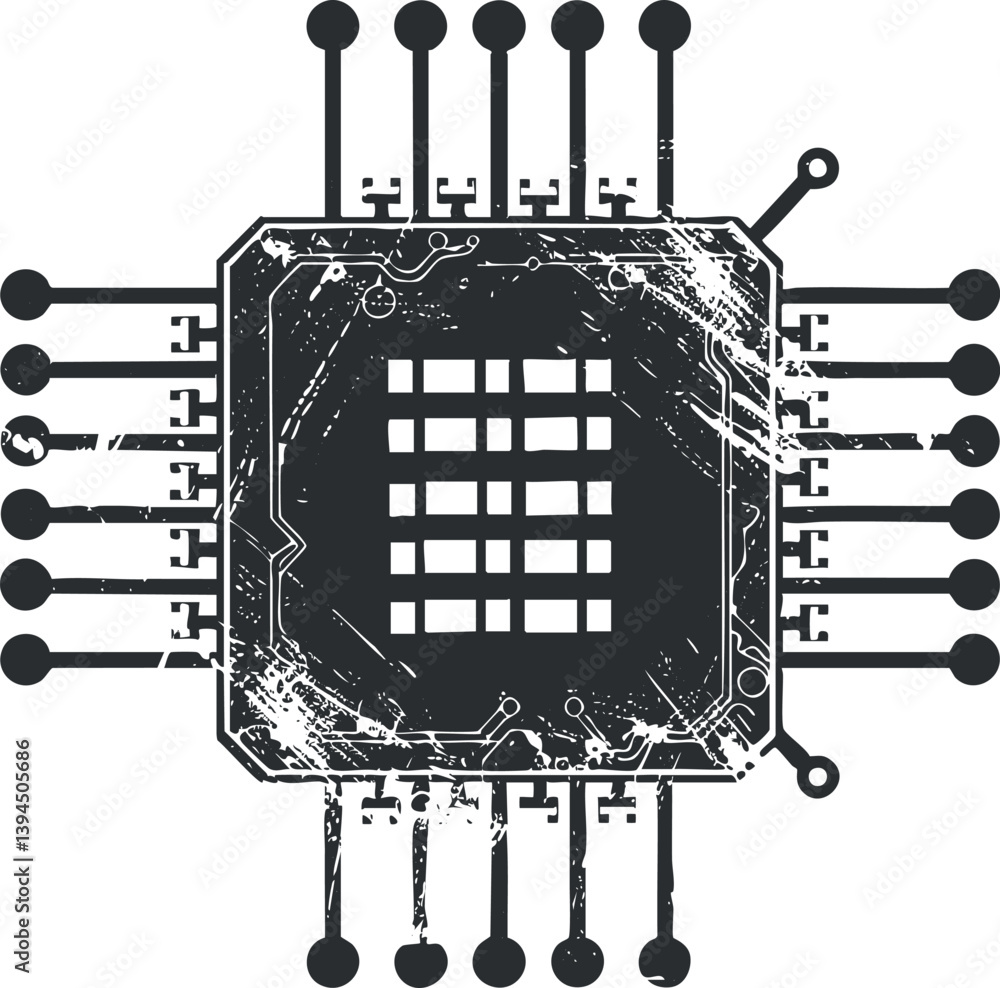 Aufkleber abstract black and white illustration of a microchip with circuit design elements.