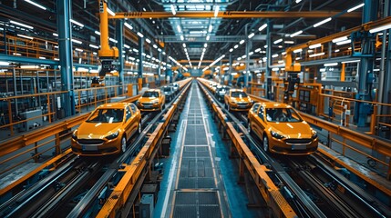 Automobile Assembly Line: A dynamic view of a car assembly line in a factory, showing newly manufactured cars in various stages of production.