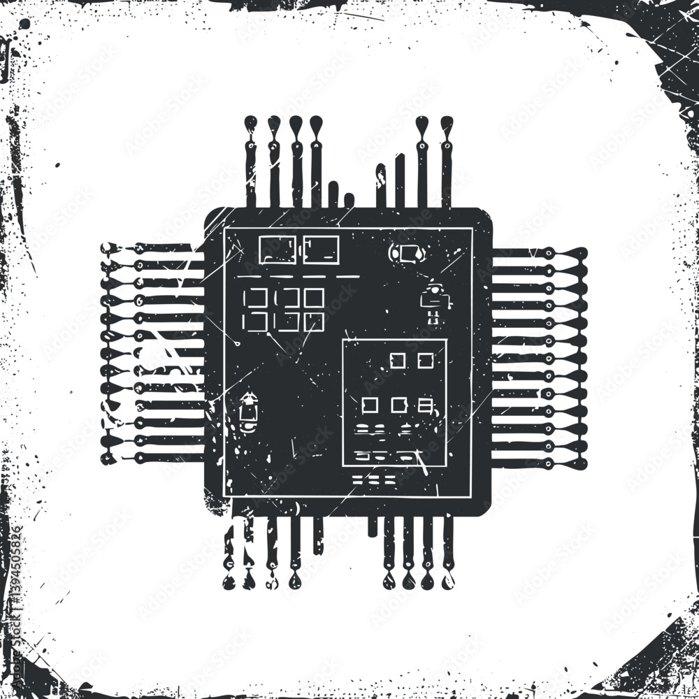 Poster grunge-style illustration of a microchip with detailed circuitry on a distressed background.