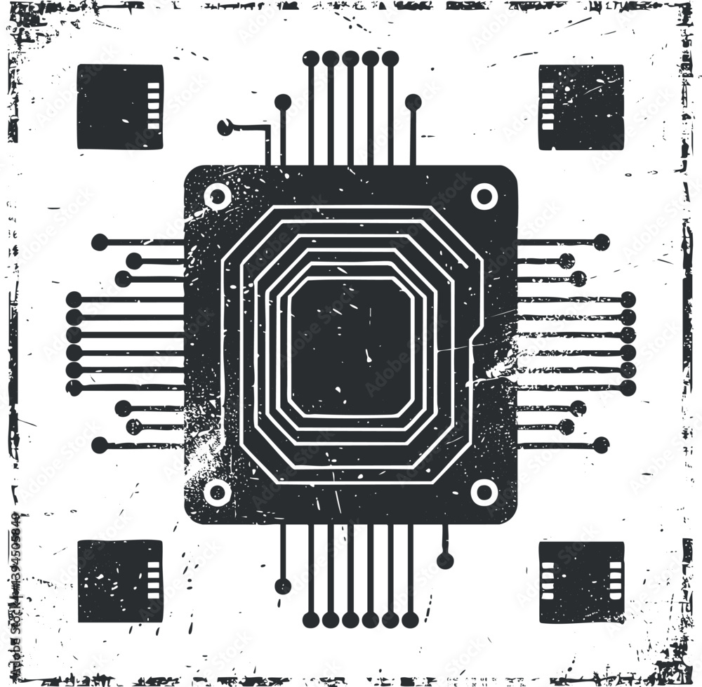Aufkleber grunge style illustration of a circuit chip with abstract digital design on a textured background.