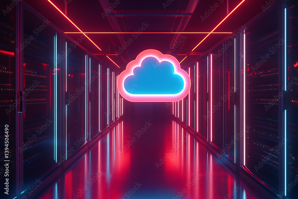 Poster cloud computing network data center servers with neon lights representing secure data transfer and d